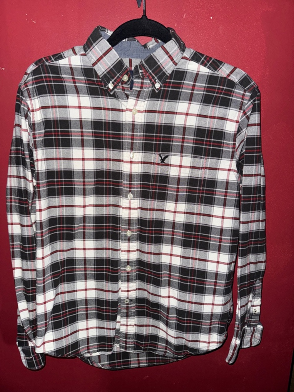 American Eagle Outfitters Black, White & Red Plaid Button-Down Shirt